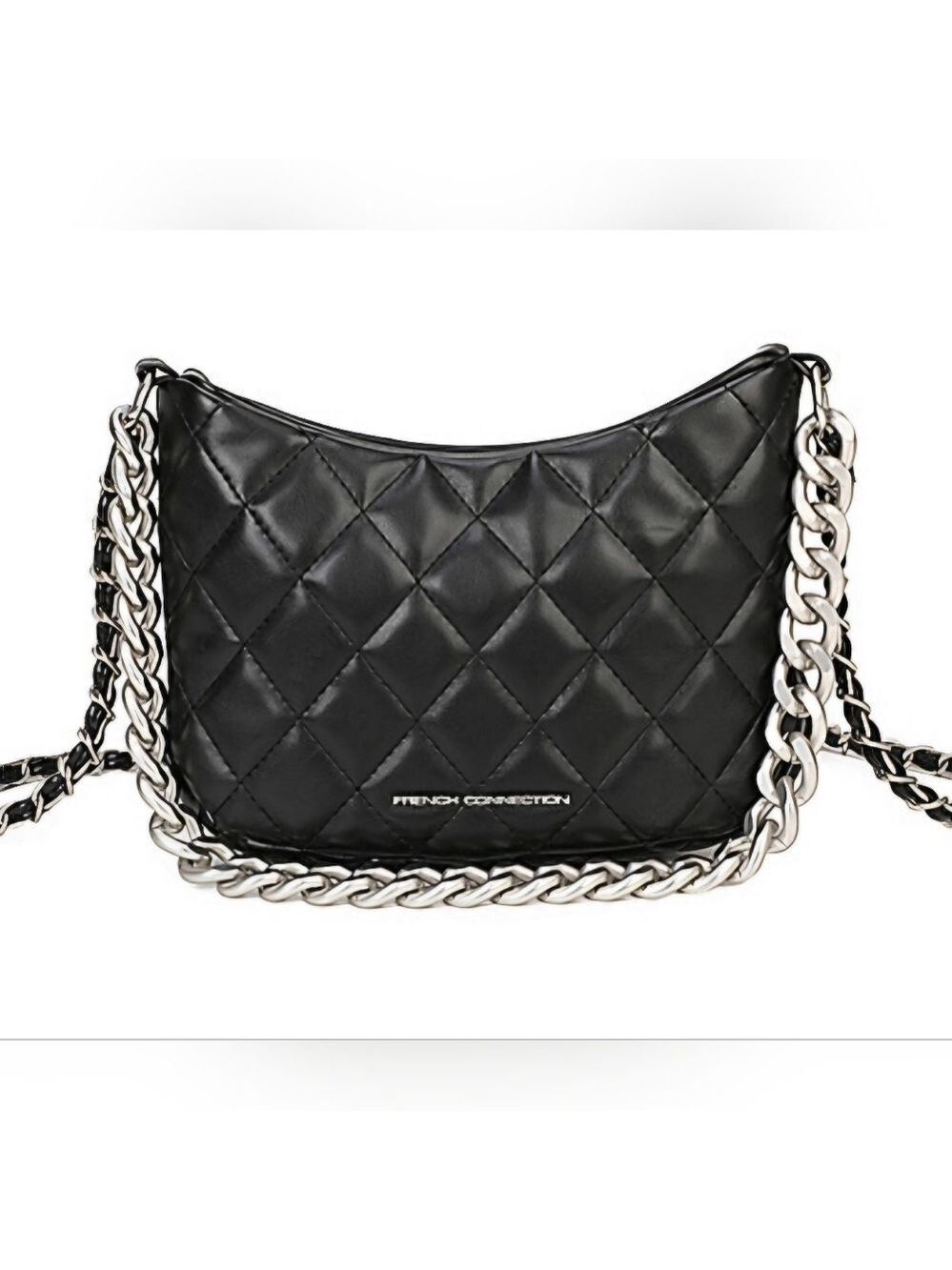 French Connection Eliza Diamond Quilted Metallic Chain Black Crossbody -New